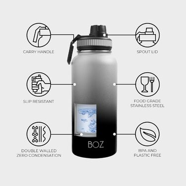 Термобутилка BOZ з нержавіючої сталі 1л, герметична, ізольована, BPA-free, для газованої води та спорту, чорний градієнт