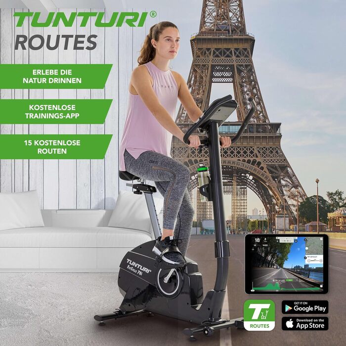 Велотренажер Tunturi FitCycle 70i/50i з LCD-дисплеєм, 32 рівнями навантаження, додатками Zwift та Tunturi Routes, сенсором пульсу, для дому, до 150 кг