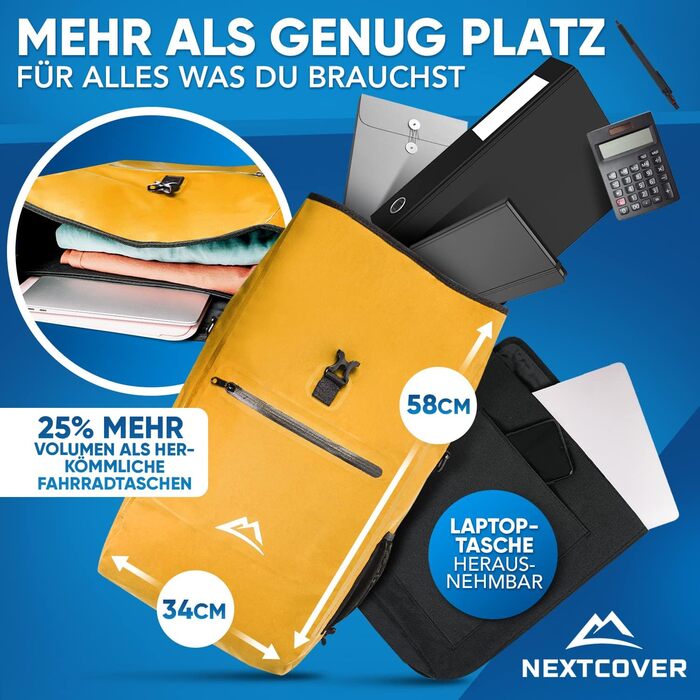 Nextcover® NEU 3в1 велосипедна сумка на багажник Aquashield – водонепроникна сумка-рюкзак 25 л, жовта