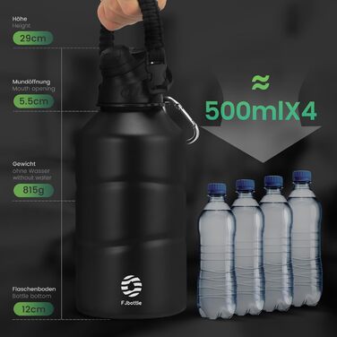 Термофляга FJbottle з нержавіючої сталі 1.9L з магнітною кришкою, без BPA, подвійні стінки, витримує нагрівання, для спорту, універу, кемпінгу, відпочинку на природі, чорна. 1900 мл