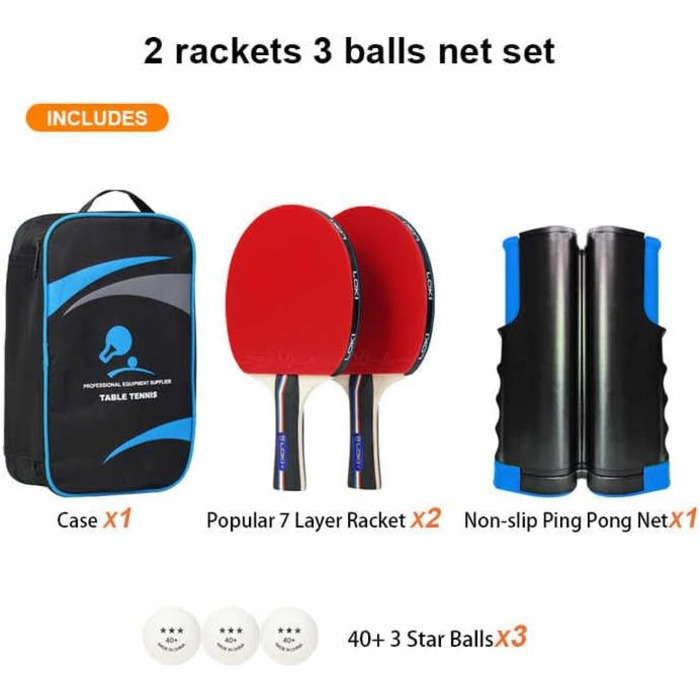 Набір для настільного тенісу LOKI з сіткою та м'ячами 3 зірки - Преміум ракетки з ITTF-сертифікацією - Розсувна сітка - Сумка для перенесення
