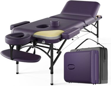 Професійний масажний стіл DOVANS, переносний, 3-секційний, преміум піна Memory Foam, алюмінієві ніжки, навантаження до 500 кг, 8 рівнів висоти, регульований, з чохлом, фіолетовий