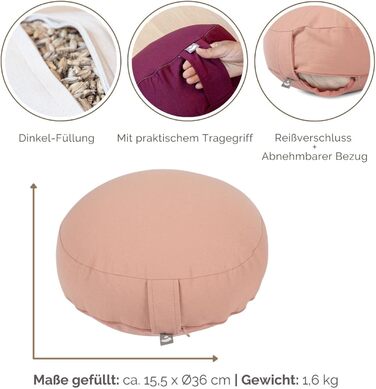 Подушка для медитації Bodhi Rondo ECO Extra Flat (Рожева) - Зі 100% бавовни, наповнювач з органічної спельти, висота 15.5 см, з ручкою для перенесення, зносостійка
