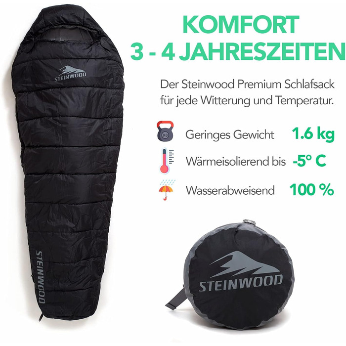 Спальний мішок Steinwood Premium, з'єдний, 210 см, 3-4 сезони, антрацит, двостороння блискавка
