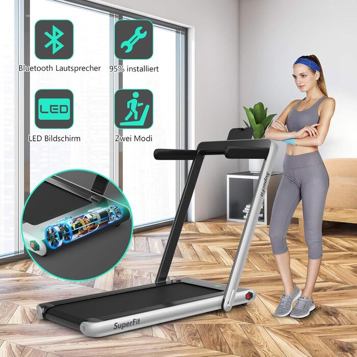 Бігова доріжка COSTWAY 2 в 1, складана, 2,25 к.с., під стіл, з APP, Bluetooth, пультом, 1-12 км/год, для дому, срібляста