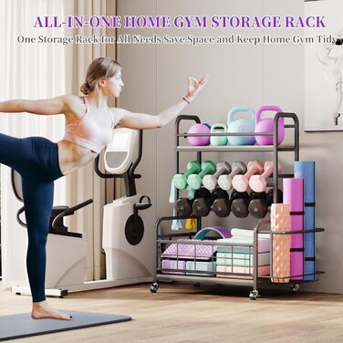 Стійка для гантелей Homeiju: зберігання гантелей, гир, йога-матів, з колесами та гачками (сіра)