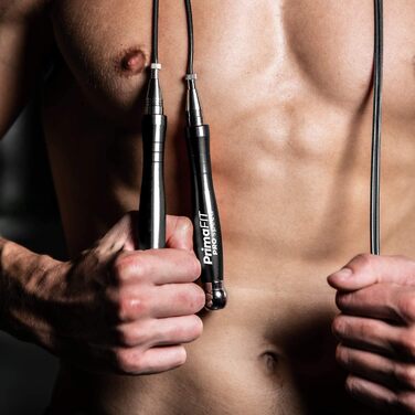 Скакалка PrimaFIT для дорослих, професійна, 3 м, зі змінними вагами, 2 підшипники, нековзні ручки, для боксу, MMA, кросфіту, сталева, чорна, з сумкою