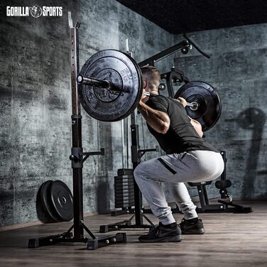GORILLA SPORTS® Регульована стійка для штанги, сталева, вантажопідйомність до 500 кг, 52x53x105-172 см — стійка для штанги, хромована, для присідань, для тренажерного залу