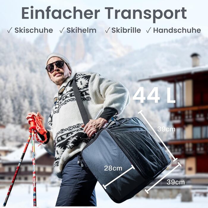 Чохол для лижних черевиків Otaro з відділенням для шолома | Сумка для лиж, шолома та аксесуарів | 60 000+ задоволених клієнтів | Водонепроникна сумка для лижних черевиків, міцна блискавка - комплект сумок для лиж, класична (44L) сірого кольору