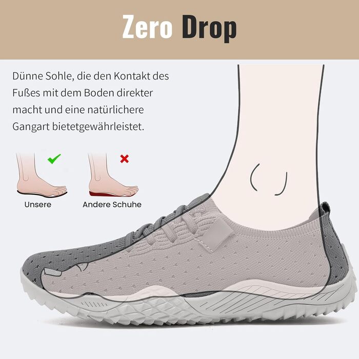 Жіночі босі кросівки для занять спортом та фітнесом. М'які, дихаючі, з антиковзкою підошвою. Розмір 44 EU, сірий колір.