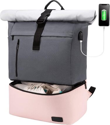 Жіночий водонепроникний рюкзак LOVEVOOK Rolltop з відділенням для взуття та ноутбука 17 дюймів, для подорожей, школи, спорту, сіро-рожевий