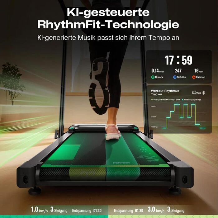 Біговий тренажер Smart з автоматичним нахилом 9%, двигун 2.5 PS Brushless, складаний біговий килимок для дому та офісу, велика площа для бігу, тихий та для суглобів, додаток з AI, World-Tour та HIIT, автоматичний нахил з столом та ручкою підтримки