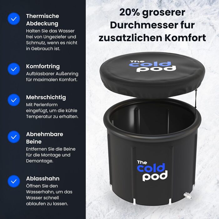Крижана ванна The Cold Pod 440 л для атлетів з кришкою, портативна складна ванна для криотерапії, для дому та вулиці, для дорослих