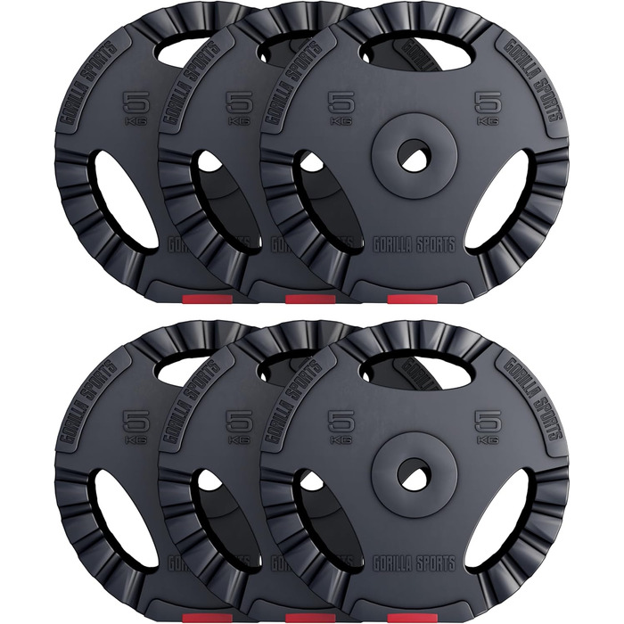 Диски для гантелей GORILLA SPORTS, набір 30 кг (6x5 кг), пластикові, зручні ручки, отвір 30/31 мм, для штанги та гантелей