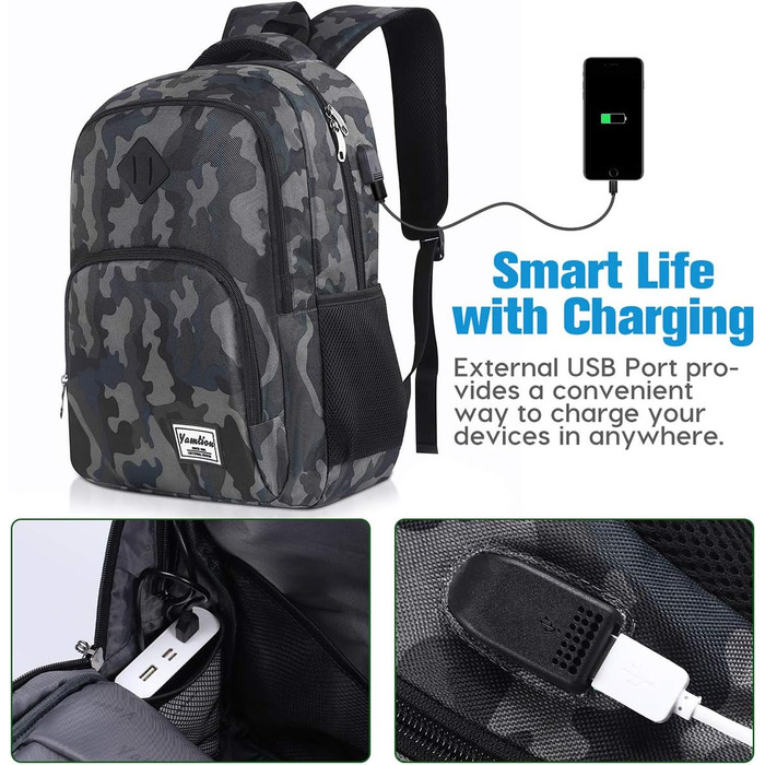Рюкзак для ноутбука YAMTION 35L, водонепроникний, з USB-портом, для чоловіків і жінок, шкільний