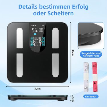 Розумні ваги для аналізу складу тіла з визначенням відсотка жиру, м'язової маси, BMI та вісцерального жиру, 25 показників, BIA-технологія, до 225 кг, чорні