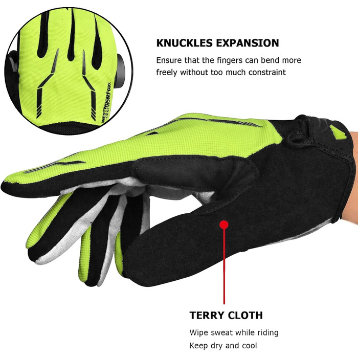 Велосипедні рукавички WESTWOOD FOX WFX для гірського велосипеда (MTB) з повним пальцем, сенсорний екран, антиковзаючі, з підкладкою, для жінок та чоловіків (XL, неоновий зелений)