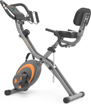 LEIKEFITNESS Велотренажер складаний для дому, 12 рівнів навантаження, пульсометр, еспандери, кардіо, сірий
