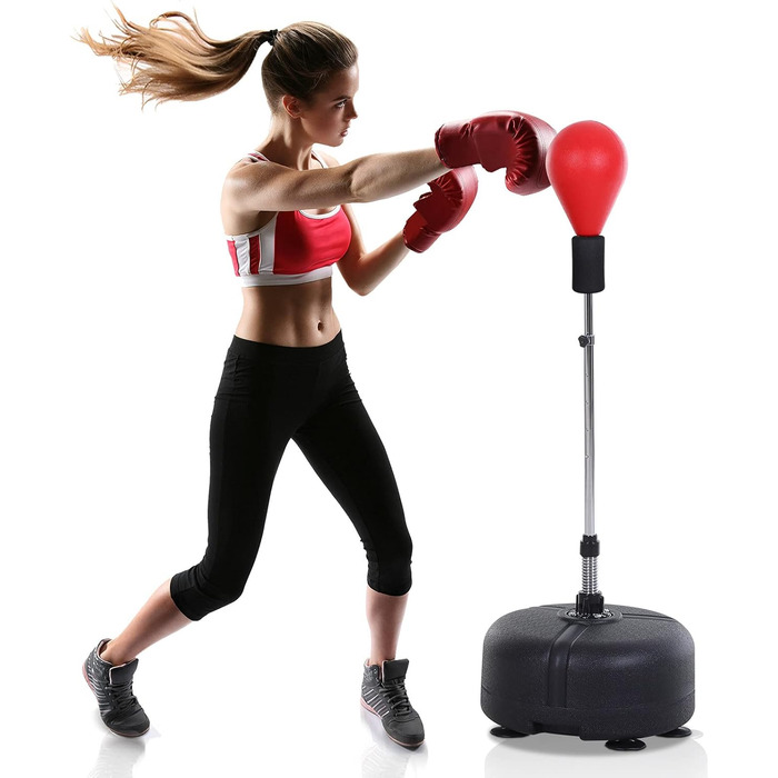 Боксерський мішок HOMCOM зі стійкою, регульована висота 136-154 см, з боксерськими рукавичками, для підлітків та дорослих, для фітнесу та зняття стресу (червоний)