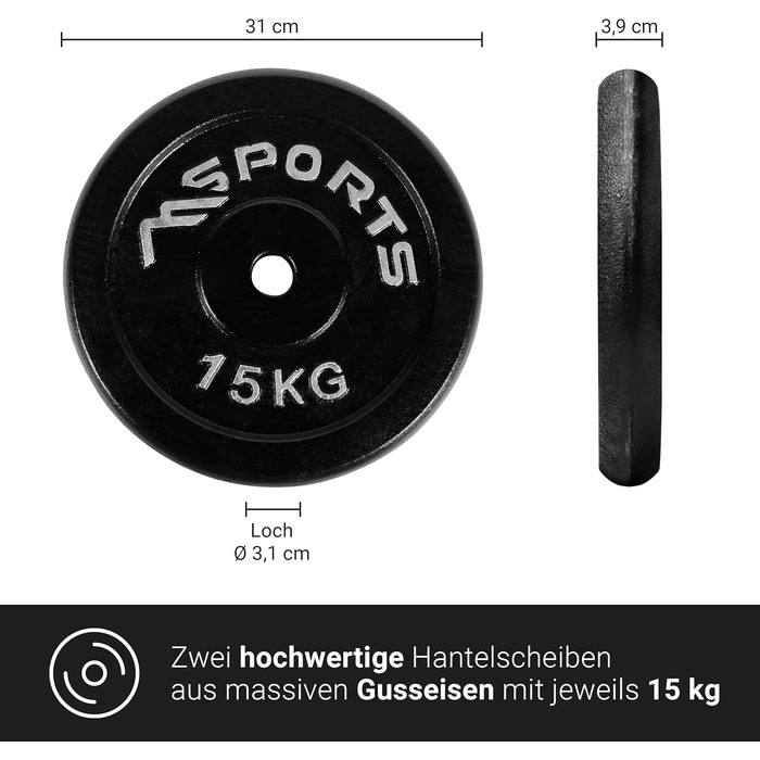 Пара гантельних дисків MSPORTS Professional з чавуну, 2 x 15 кг, чорні