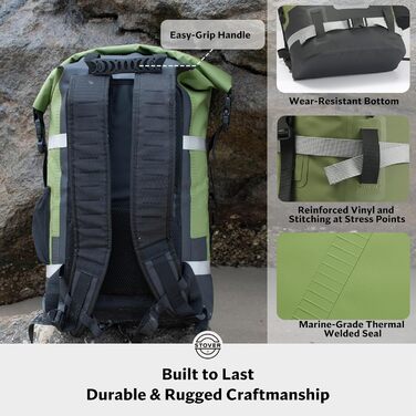 Водонепроникний рюкзак STOVER Dry Bag, 40 л, для каякінгу та водних активностей, з надійним Roll-Top, плаваюча сумка з фронтальною кишенею та світловідбиваючим елементом (Зелений)