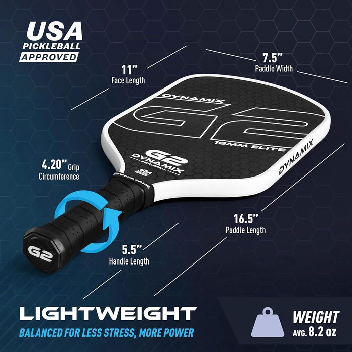 Пікбол ракетка з вуглецевого волокна Gen-2, 16 мм, схвалена USAPA, для професійного рівня, потужність, обертання та стабільність, довгаста, легка Pro-Balance (чорний хват / білий обід)