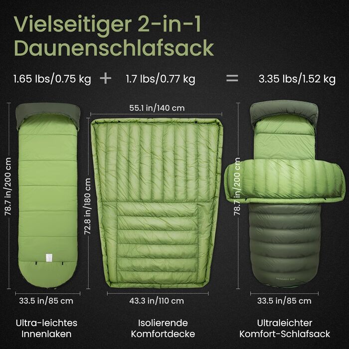 Спальний мішок ATEPA Ultraleicht Daunenschlafsack: Легкий, 3-сезонний (12°C/6°C/-1°C), Водовідштовхуючий, для кемпінгу, трекінгу та подорожей, з компресійним мішком
