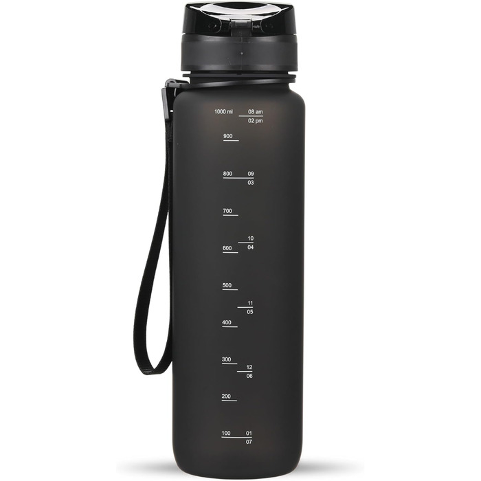 Спортивна пляшка для води 1 л 720°DGREE uberBottle з мотиваційною шкалою, ситечком, знімною ручкою, BPA-free, тритан, чорна, для спорту, фітнесу, велосипеду, університету, outdoor