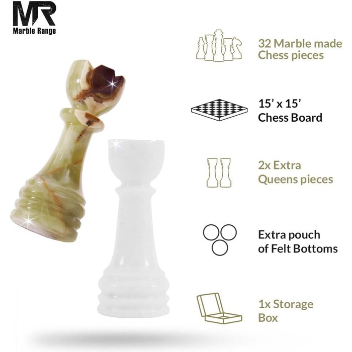 Шаховий набір з мармуру для дорослих, ручної роботи Verona & Green Onyx: ігровий набір з 32 фігурами, 2 додаткові королеви, коробка для зберігання