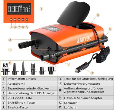 AGPTEK Електричний Насос для SUP дошки, човни, каяк – 22PSI, портативний, з авто-вимкненням & 12V DC