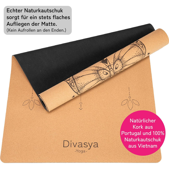 DIVASYA Преміум йога-мат з корку та каучуку, нековзкий, екологічний, розмір 183x66x0,4 см, з ременем для перенесення, без шкідливих речовин