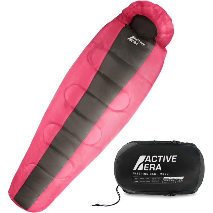 Сплячий мішок Active Era Mumienschlafsack для кемпінгу, зимовий та літній, водонепроникний, ветрозахисний, ультралегкий, температурний режим -10°C до 10°C, маленький об'єм при зберіганні, рожевий