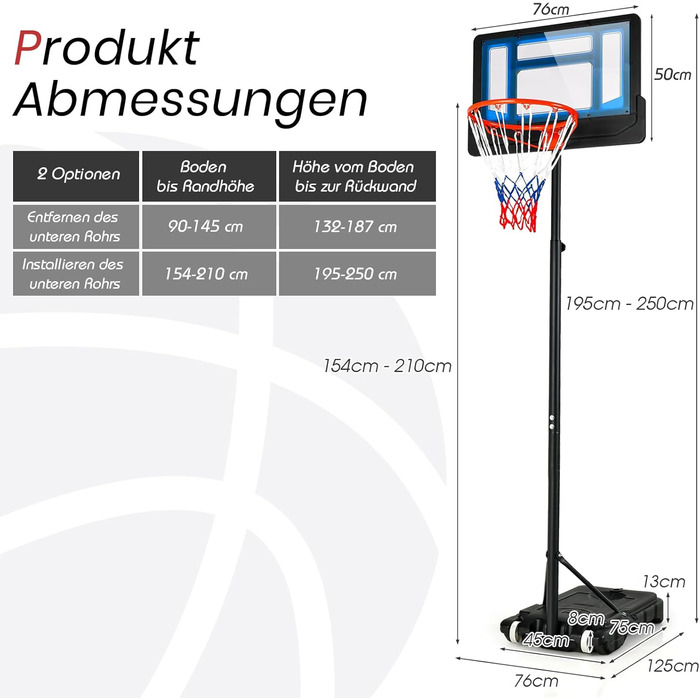 Баскетбольний кошик GOPLUS вуличний для дітей та підлітків, регульована висота 90-210 см, стійка на колесах, синя з щитом 76x50 см