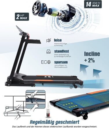 Бігова доріжка ISE Profi складна, електрична, 750 Вт, 1-14 км/год, 15 програм, APP, LCD дисплей, для дому та офісу