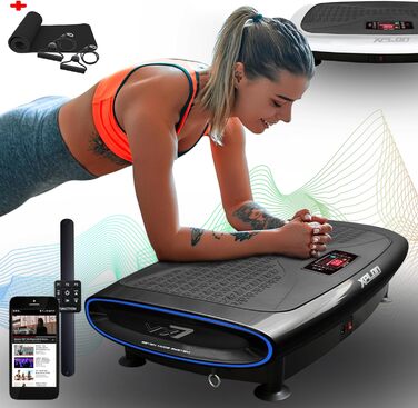Вібраційна платформа XPLON 4D VX7 з 3 моторами, Bluetooth, LED, для тренувань, 120 рівнів, до 150 кг, з еспандерами, пультом, чорна