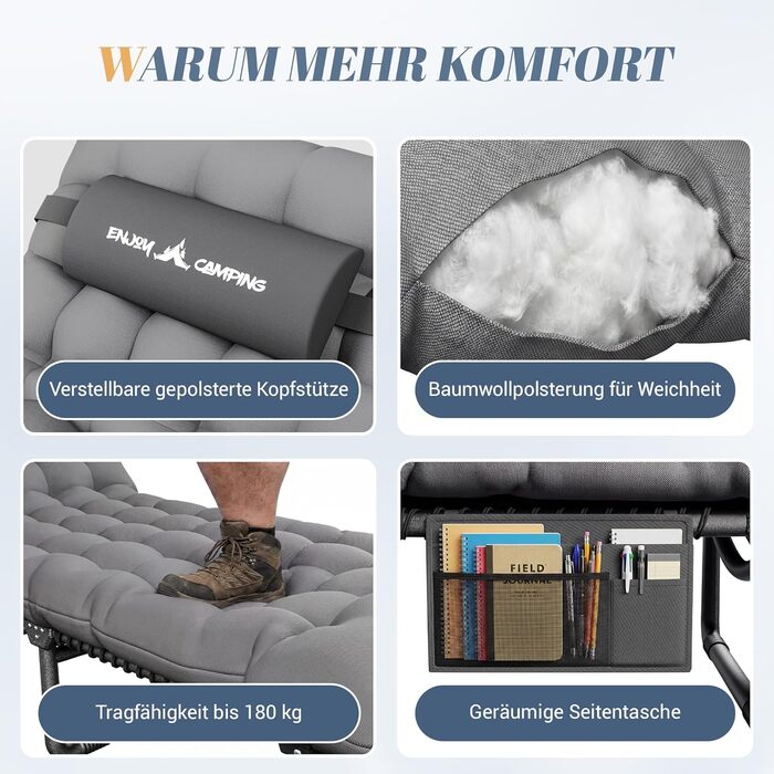 Ліжко похідне розкладне UDPATIO для кемпінгу, лежак з подушкою, регульована спинка, сіре - для саду, пляжу, відпочинку