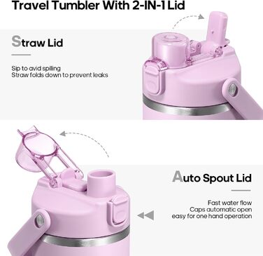 Спортивна термобутилка GEDUX IceFlow Flip Straw 1 л з трубочкою, зберігає холод понад 12 годин, герметична, BPA Free, для води, для спорту, придатна для миття в посудомийній машині, світло-фіолетова