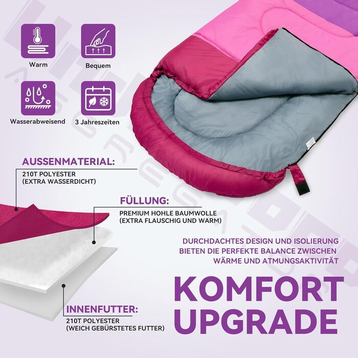 Спальні мішки для дорослих та дітей – ультралегкі, компактні, 3-сезонні спальні мішки для кемпінгу (фіолетовий), 1,3 кг