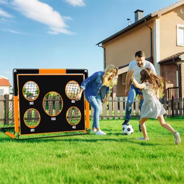 Дитячі воріта для футболу 2-в-1, 150х120 см, портативні та стабільні, з 5 зонами для забивання, 4 кілочки для кріплення та сумка для перенесення, для саду, парку, пляжу, оранжеві