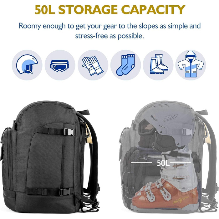 Рюкзак для гірськолижного спорядження Unigear 50/70L з кишенею для шолома, чорний, 50/70 літрів