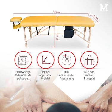 Масажний стіл MASSUNDA Mobile Comfort Deluxe, складаний, регульований по висоті, екстра широкий, з натурального дерева, з ергономічним підголівником, підлокітниками, подушкою, чохлом, кремовий
