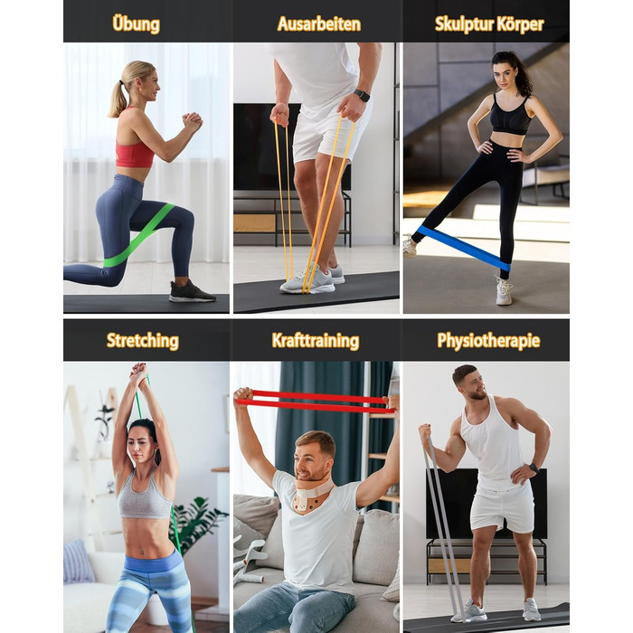 Набір еластичних стрічок для фітнесу: 9 шт. для силових тренувань, йоги та розтяжки вдома – включає тренувальний банд, турнік-стрічку, постер та сумку