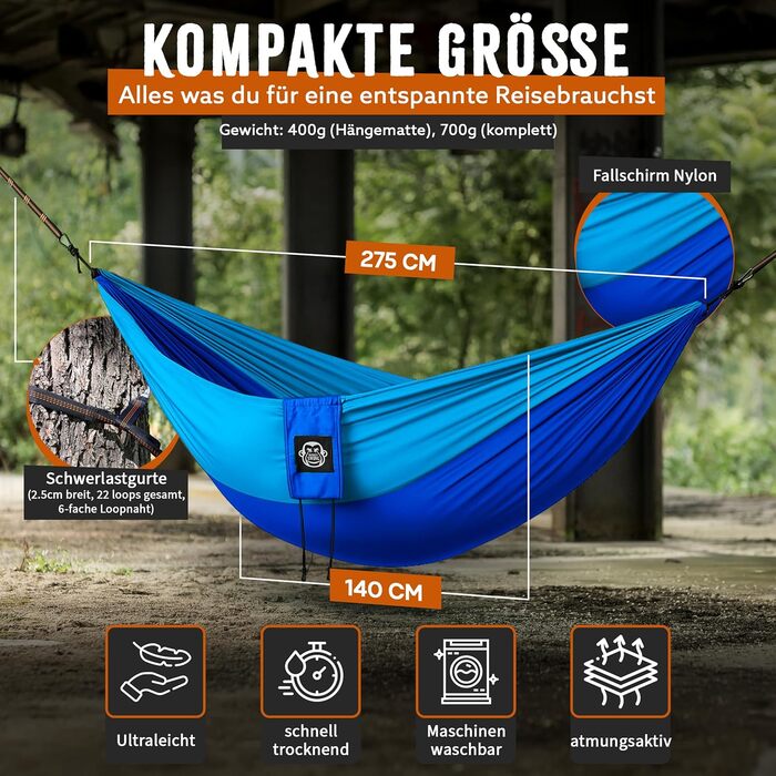Гамак туристичний Monkey Swing ультралегкий з карабіном та стропами (до 300 кг) – 275 x 140 см, для кемпінгу, трекінгу та подорожей (зелений/хакі, блакитний)