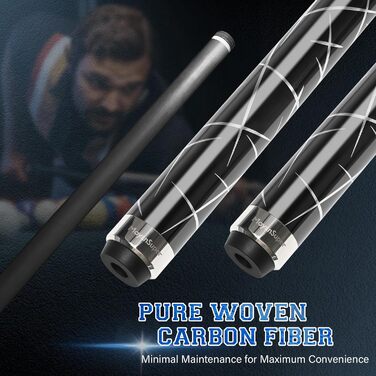 Професійний більярдний кий Billardqueue з карбону, низький перехід, з кейсом та аксесуарами, 12.5 мм наконечник, 147.3 см, 567-595 г