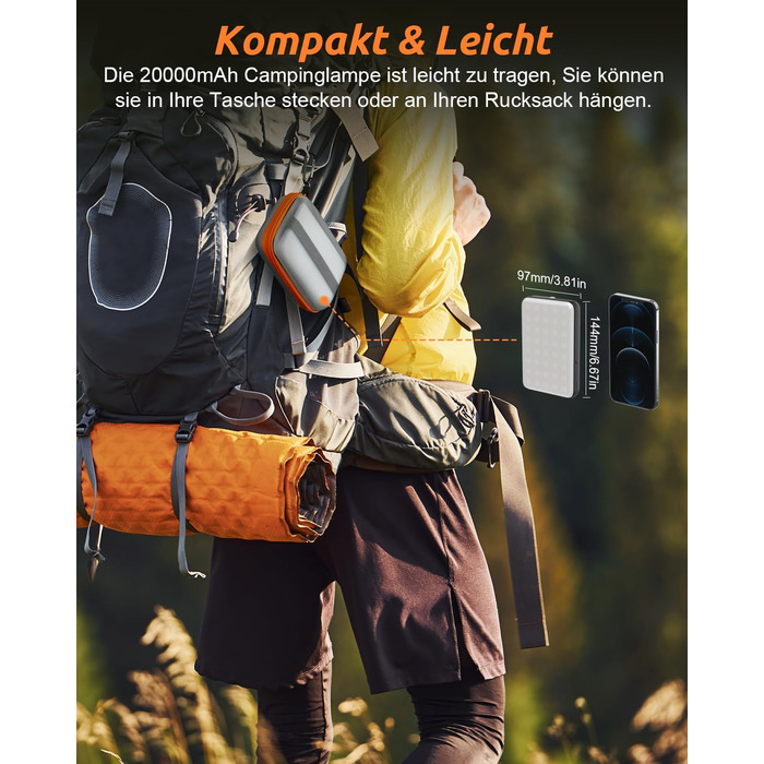 Eventek LED кемпінговий ліхтар 4000LM, 20000mAh Power Bank, USB, до 144 годин, IPX5, 4 режими, для читання, намету, риболовлі, надзвичайних ситуацій