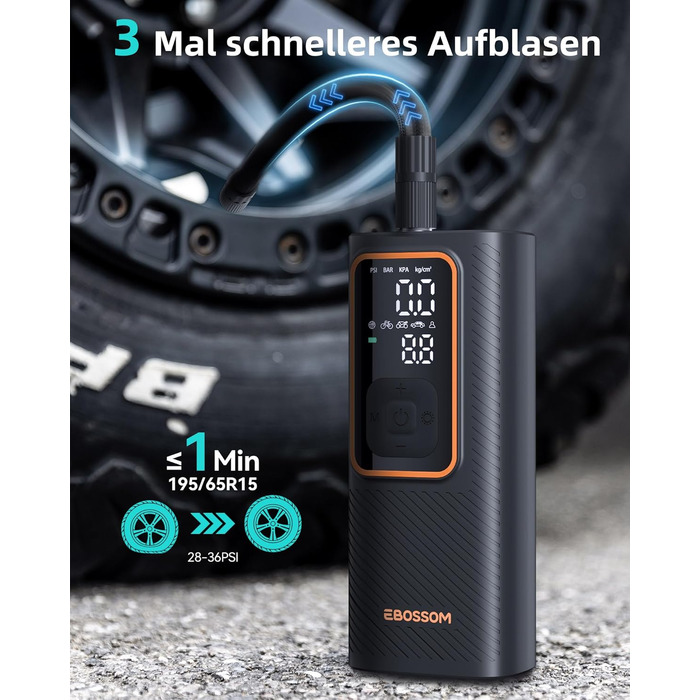 Електрична повітряна помпа 10.3 Bar з акумулятором, 6000mAh та 12V DC, для авто, мото, велосипеда, з LED-ліхтариком та автовимкненням (Оранжева, I7)