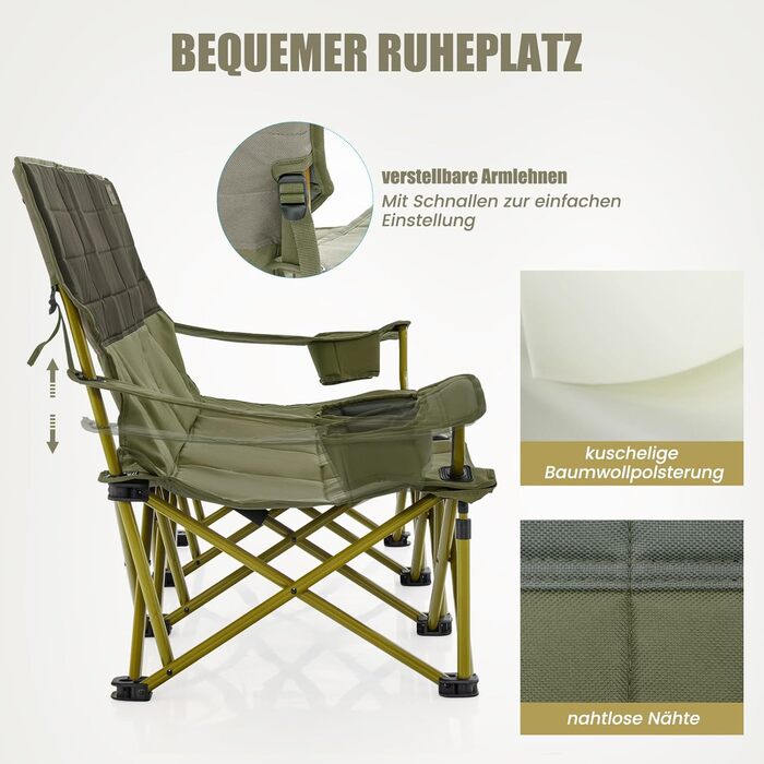 Крісло для кемпінгу Costway на 3 особи, розкладне, з м'яким сидінням, підстаканником та регульованими підлокітниками, вантажопідйомність 450 кг, для риболовлі та відпочинку на природі (зелене)