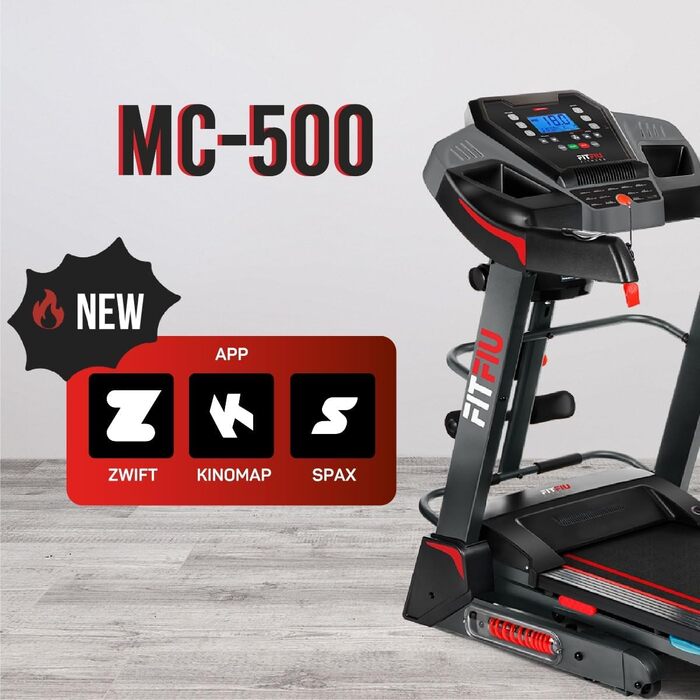 Біговий тренажер FITFIU Fitness MC-500 зі складною конструкцією, автоматичним нахилом, 18 км/год, пульсометром, Bluetooth та підключенням до додатків (Kinomap, Spax, Zwift), площа бігового полотна 41x123 см, максимальне навантаження 120 кг