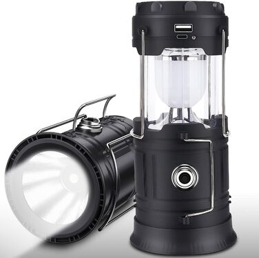 Сонячна кемпінгова лампа EXTRASTAR: LED ліхтар 5W, 2-в-1 (ліхтар + ліхтар для намету), USB/Сонячна/Акумуляторна, водонепроникна, для відпочинку на природі, риболовлі, кемпінгу та походів