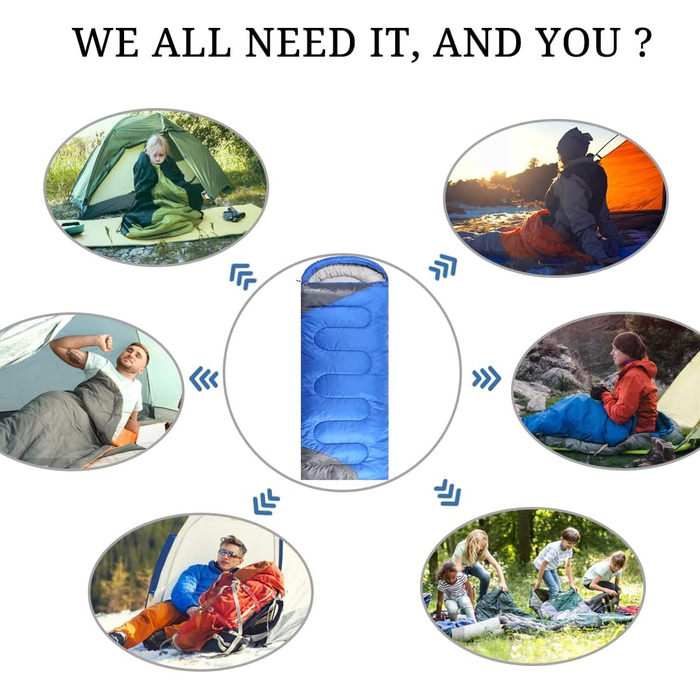 Спальний мішок 3-4 сезони для дорослих та дітей, блакитно-сірий. Легкий, водонепроникний, компактний для кемпінгу та подорожей. Розмір 219.9 x 79.9 см